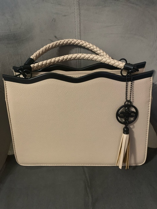 Crossi Handbags - Cream and Black Trim Satchel with Braided Handles and Tassel Charm